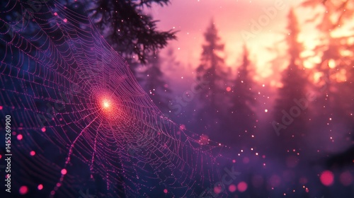 Delicate spiderweb in a mystical forest at dawn