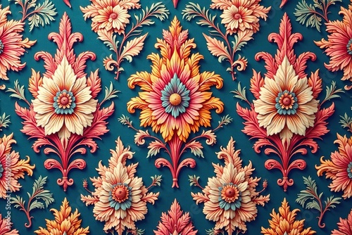Intricate floral damask textile, repeating design, art, stylish, brocade