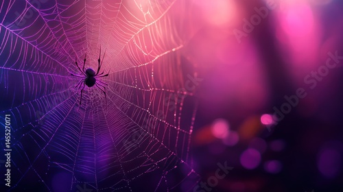 Spiderweb with spider in vibrant purple-pink glow