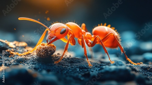 Close-up of a red ant carrying food