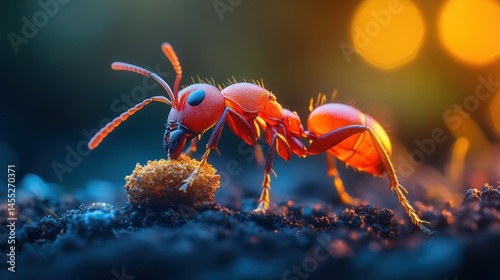 Red ant carrying food in soil