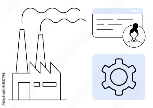 Factory with chimneys emitting smoke, user profile interface, and gear icon for operations. Ideal for industry, production, management, process automation, technology, workforce simple landing page