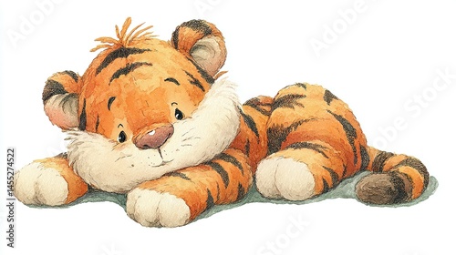Cute, watercolor illustration of a resting tiger cub.