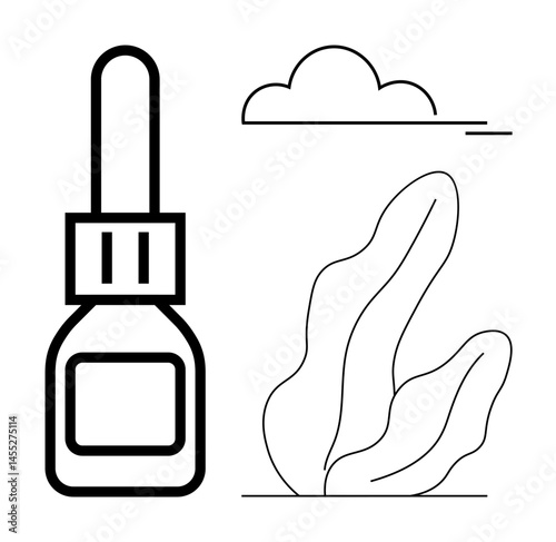 Dropper bottle with rectangular label, abstract leaf, and minimal cloud design. Ideal for wellness, skincare, aromatherapy, sustainability, natural products, organic lifestyle simple landing page
