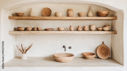 Wallpaper Mural Rustic wooden shelving unit displays various ceramic and wooden vessels. Torontodigital.ca