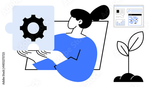 Woman holding gear puzzle piece, representing innovation. Plant growth and analytics chart convey sustainability and data-driven solutions. Ideal for business strategy, teamwork, growth