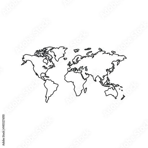 World Map Outline with Transparent Background, Detailed Landmasses and Continents