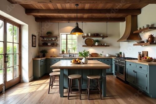 Rustic kitchen featuring exposed beams and vintage pendant lights, antique, table, interior