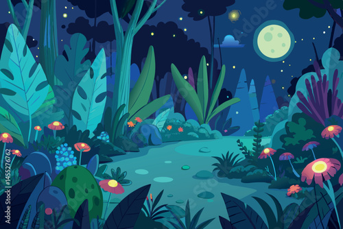 Magical glowing jungle at night, filled with bioluminescent plants, flowers, and a glowing moon illuminating the peaceful forest