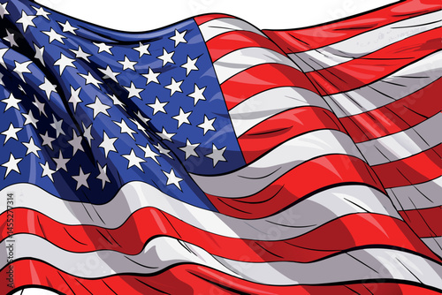 the American flag billowing in the wind, with stars and stripes, symbolizing national pride and the spirit of America