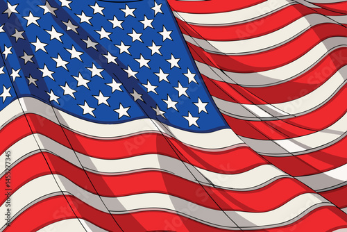 Waving American flag fluttering in the air, vibrant red, white, and blue stripes and stars, representing the USAs unity and freedom