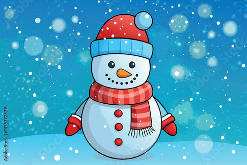Cute snowman with a striped red and white scarf, green knitted hat, and snow falling around, creating a joyful winter holiday atmosphere