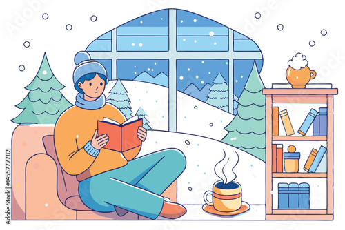 Comfortable winter day with a person curled up in a cozy sweater, reading a book by the window, overlooking a snowy landscape with holiday vibes