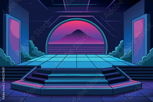 Neon lit futuristic stage with glowing lights, geometric shapes, and fog creating an atmospheric space for sci fi themes or virtual environments