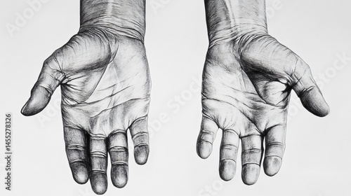 Black and White Kid's Drawing of Two Open Hands - Creative and Inspirational Artwork for Design Projects