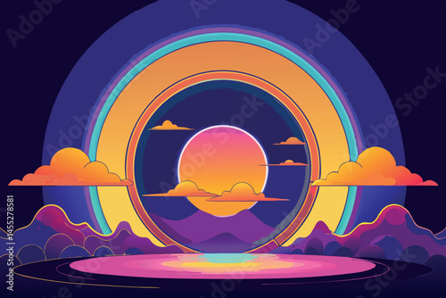 Colorful neon portal surrounded by clouds and glowing rings, depicting a surreal and dreamlike space or cosmic journey