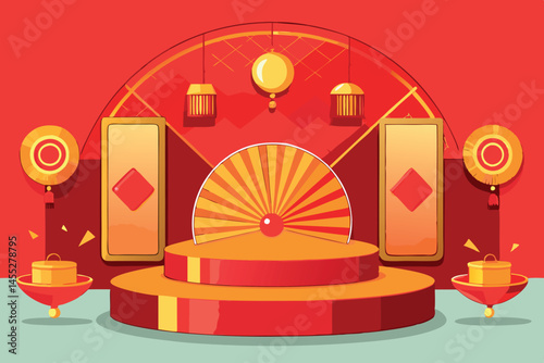 Elegant and symbolic Chinese New Year set with red and gold accents, lanterns, fans, and festive designs for a prosperous celebration
