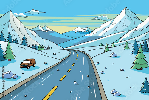 Icy road in a snow covered mountain range, with gravel visible under the snow, creating a peaceful cold winter atmosphere