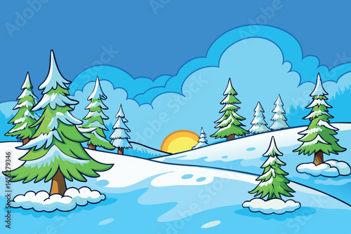 A clear winter day with snow capped mountains, evergreen trees, and a serene blue sky forming a tranquil winter scene
