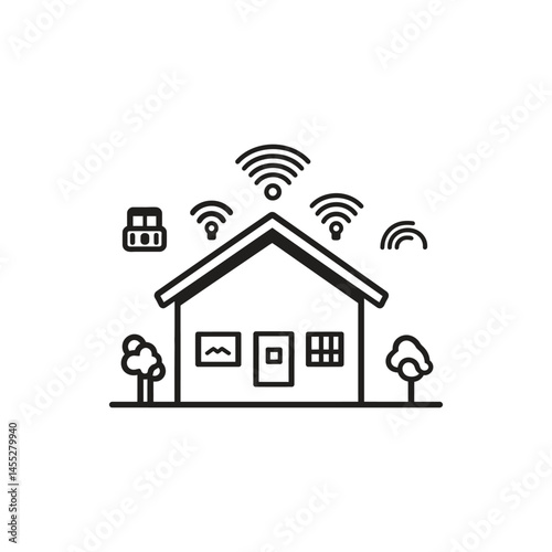 Smart Home Line Art with Transparent Background and WiFi Connection, Automated System