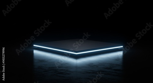  square platform  above a dark, reflective floor. Soft, cool blue light emanates from underneath the platform's edges photo