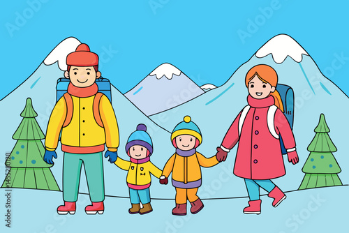 A happy family of five trekking through a beautiful snow covered mountain landscape, dressed in warm, colorful winter clothes for a winter adventure