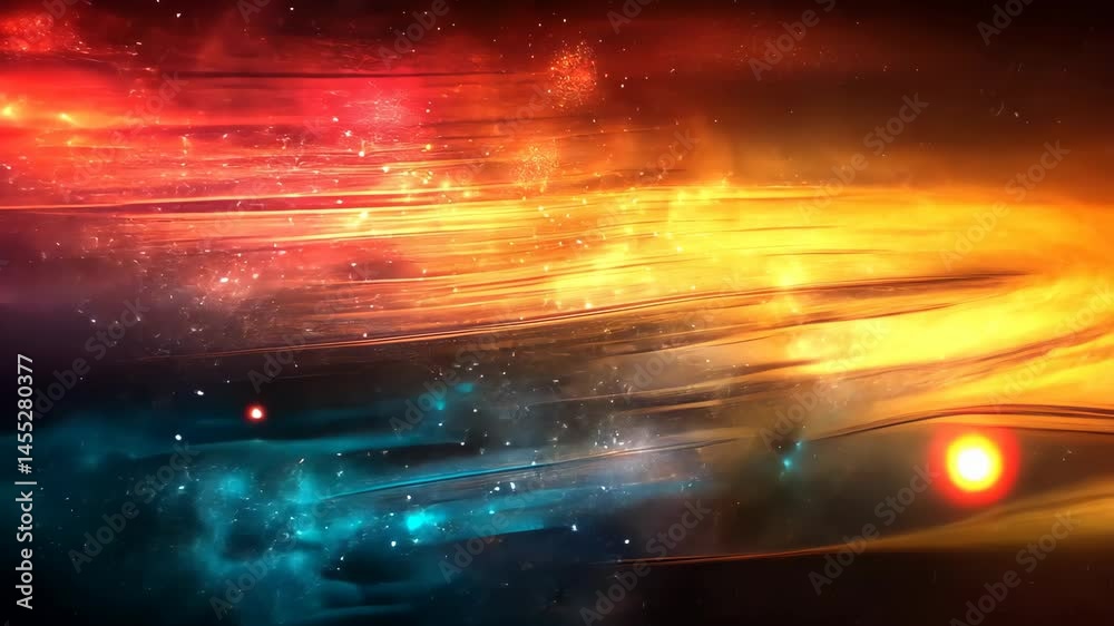 Abstract cosmic artwork with red, orange, and blue streaks across a dark background, speckled with light Abstract cosmic artwork with red, orange, and blue streaks across a dark background, speckled with light