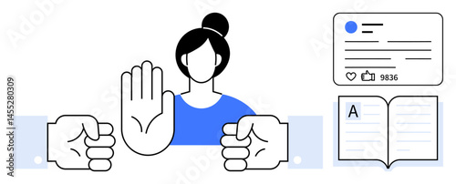 Woman raising hand as stop gesture surrounded by fists, social media panel, and book. Ideal for concepts thumbs up online safety, empowerment, boundaries, awareness, education, communication simple