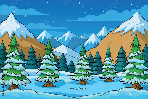 A tranquil winter scenery showing tall, snow dusted pine trees and majestic mountains in the background, with light snowfall adding to the atmosphere