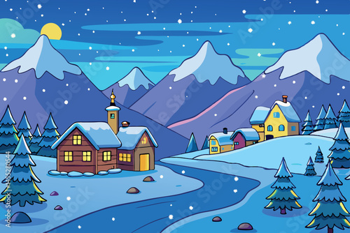 Winter village nestled in the mountains, with cozy cottages, snow covered trees, and a clear blue sky, offering a serene and peaceful winter retreat