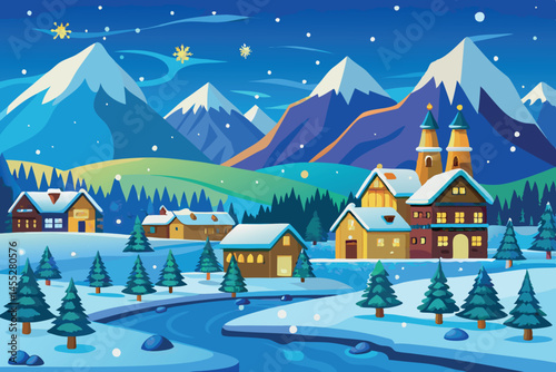 A snowy Alpine village surrounded by majestic mountains, glowing lights from the cottages and snowy paths creating a beautiful winter wonderland
