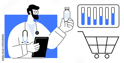 Doctor holding medicine bottle and tablet, with test tubes and shopping cart icon. Ideal for telemedicine, pharmacy e-commerce, online healthcare, medical supplies, innovation, technology, simple