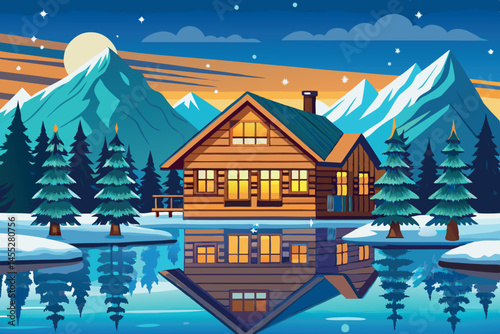 Serene winter village with a cozy log cabin, snowy landscape, and snow capped mountains, creating a peaceful and idyllic holiday retreat