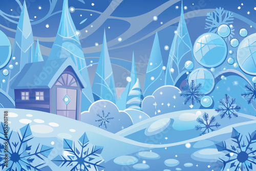 A beautiful winter wonderland with delicate snowflakes, icy crystals, and shimmering snow, creating a serene and magical winter landscape