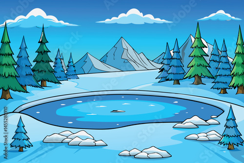 A winter landscape with snow covered trees surrounding a frozen lake, offering a tranquil and beautiful snowy scene with distant mountain peaks