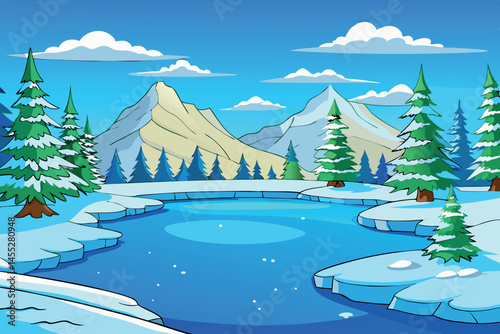 A scenic winter view of a frozen lake and snow covered trees, nestled against snow capped mountains, conveying the peacefulness of a cold winter day