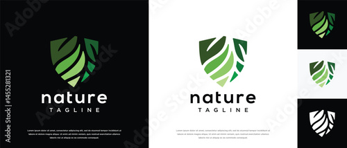 Nature security shield logo design. Shield logo design vector icon with leaves.