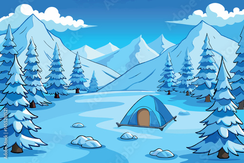 Winter camping scene with a blue tent surrounded by snow covered trees and majestic mountains under a clear blue sky, ideal for winter expeditions