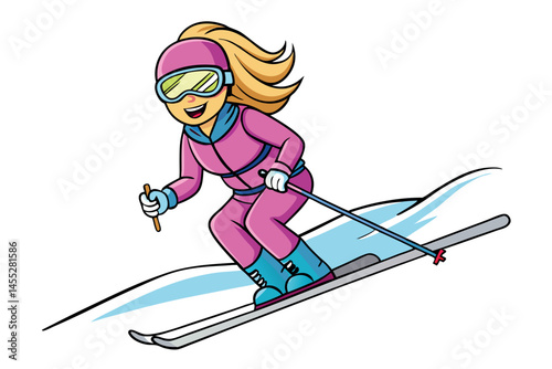 Female skier in pink jacket and black pants skiing on snowy slopes in the winter mountains with sunny blue skies
