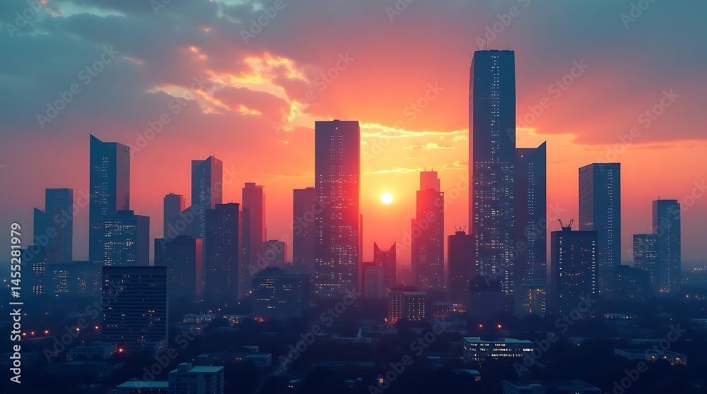 Fototapeta premium Cityscape Sunset: Dramatic Skyline Silhouette Against Fiery Sky Illumination