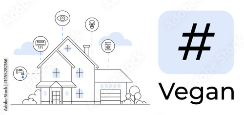Modern house with technology icons for energy, water efficiency, automation, vegan metadata tag symbol. Ideal for sustainability, eco-tech, green living, veganism, smart homes tech innovation