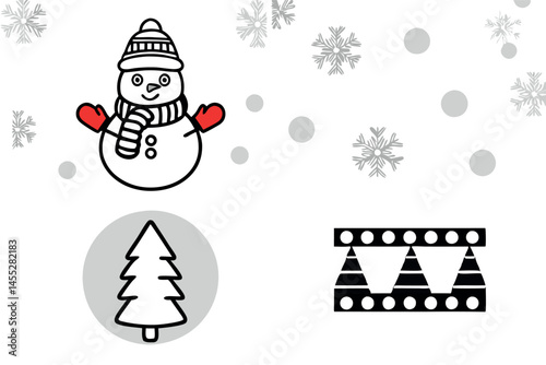 snowman with knitted hat, striped scarf, and red mittens, snowflakes around, winter fun, festive icon set