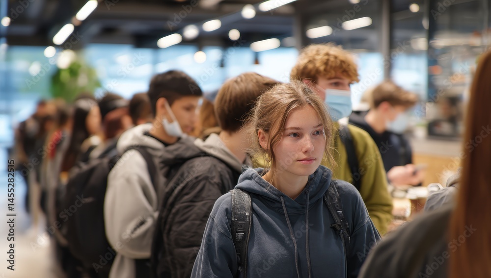 Diverse students in cafeteria line, casual setting. Diverse students in cafeteria line, casual setting.
