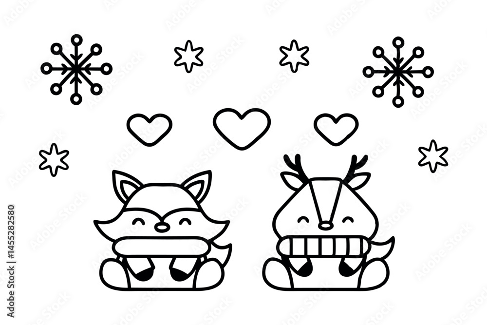 Kawaii winter themed fox and deer plush toy designs, featuring cute scarves and hearts, ideal for kids icon set Kawaii winter themed fox and deer plush toy designs, featuring cute scarves and hearts, ideal for kids icon set