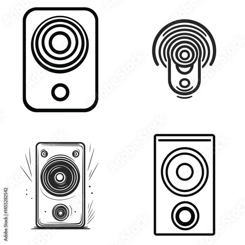 Speaker Icon Set, Sound System, Audio Equipment, Music, Vector, Loudspeaker, Black Outline
