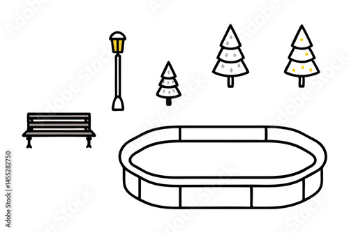 Empty outdoor ice rink for winter skating with benches, trees, and a street lamp in a park, winter season icon set