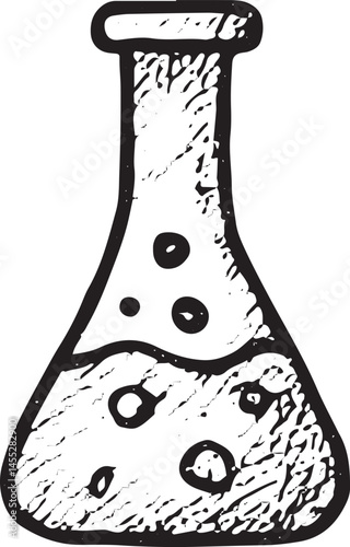 Hand-drawn doodle of a chemistry flask filled with liquid. Perfect for science, laboratory, education, experiment, and school-related design or illustration projects.