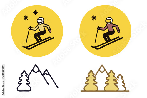 Skier in pink jacket and black pants performing downhill skiing, winter sport icon set
