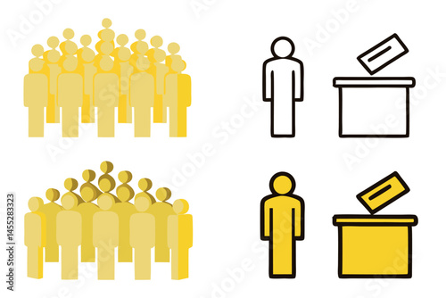 Illustration of diverse crowd with election ballot box, democracy concept icon set