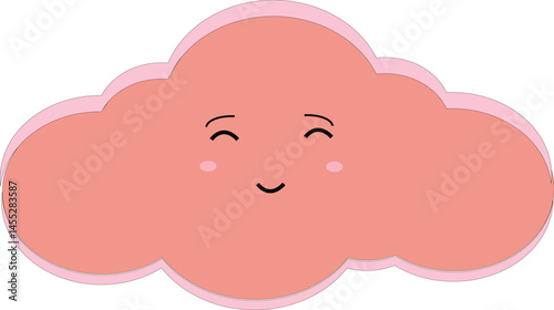 A pink cloud with a shy and blushing expression. Fun and emotional emoticon for kids' illustrations or digital stickers.
